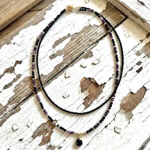 Dainty Mauve & Black Quartz Double Strand Beaded Necklace w/ Spinel Pendant